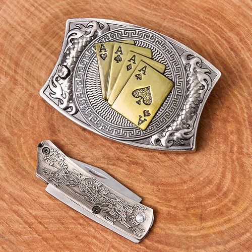 Men's DIY Gold Poker Hidden Folding Knife Leather Belt  (9)