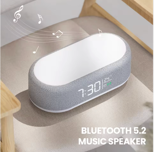 Customized portable smart music speaker with 6-in-1 multi-functional RGB lighting, includes phone alarm clock and wireless charger.