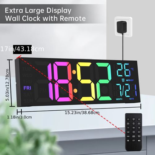 HD Lcd Display with Remote Control Dual Alarm with RGB Large Digital Wall Clock Temperature for Living Room