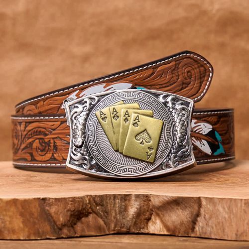 Men's DIY Gold Poker Hidden Folding Knife Leather Belt  (9)