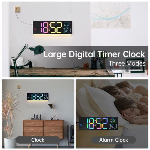 HD Lcd Display with Remote Control Dual Alarm with RGB Large Digital Wall Clock Temperature for Living Room