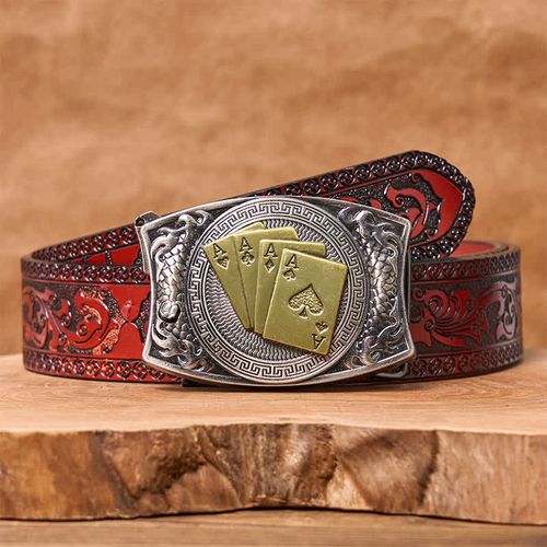 Men's DIY Gold Poker Hidden Folding Knife Leather Belt  (9)