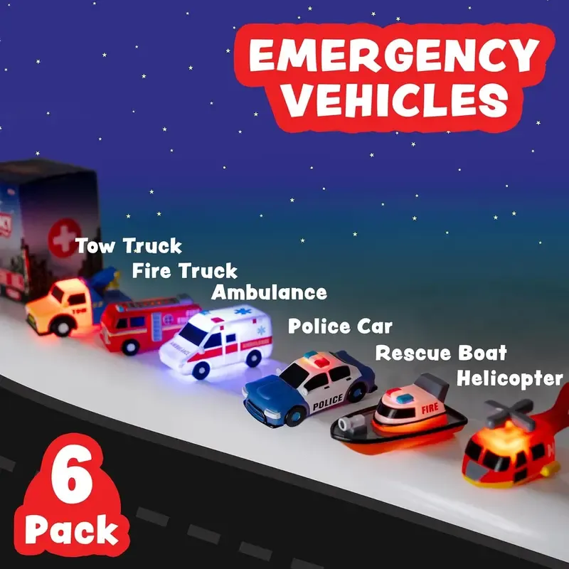 Tub Works Emergency Cars Light Up Bath Toys 6 Pack Water Activated Flashing Colors Soft Squeezable Sensory Toys for Kids Bath Fun in the Tub