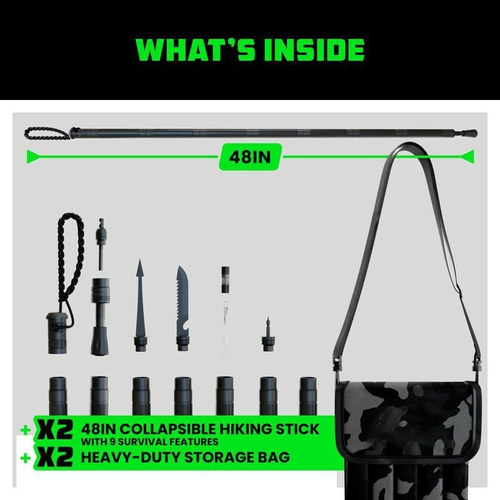 Tactical Hiking Stick w Integrated Survival Kit