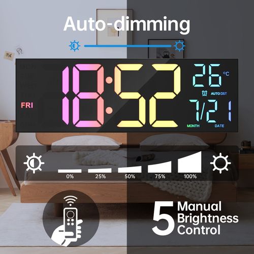 HD Lcd Display with Remote Control Dual Alarm with RGB Large Digital Wall Clock Temperature for Living Room