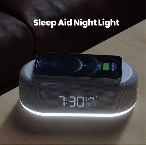 Customized portable smart music speaker with 6-in-1 multi-functional RGB lighting, includes phone alarm clock and wireless charger.