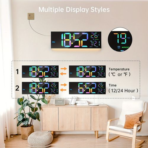 HD Lcd Display with Remote Control Dual Alarm with RGB Large Digital Wall Clock Temperature for Living Room