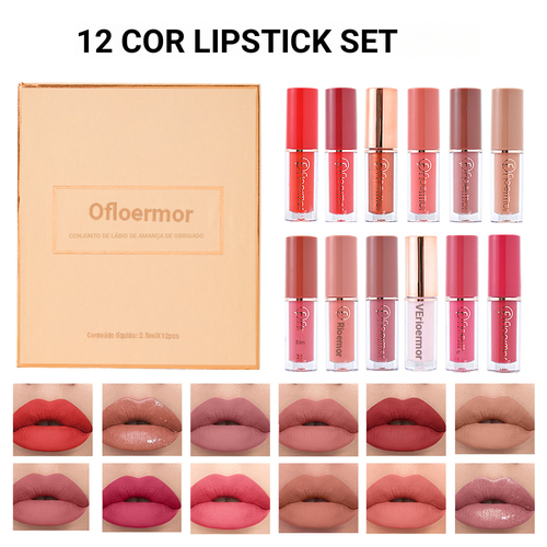 Série de 12 cores de batom e verniz de labios, estilo ocidental, mate e brilhante, não mancha e muda de cor