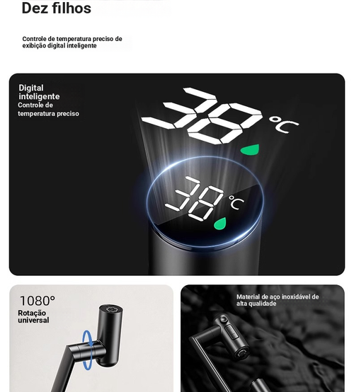 Torneira em aço inoxidável com lavatório para casa de banho, braço mecânico multifuncional, visor digital de água quente fria, articulação universal