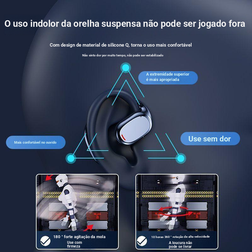 Auriculares sem fio Bluetooth com bateria de longa duração, exibição de chamadas, tecnologia de condução óssea, design esportivo e de suspensão