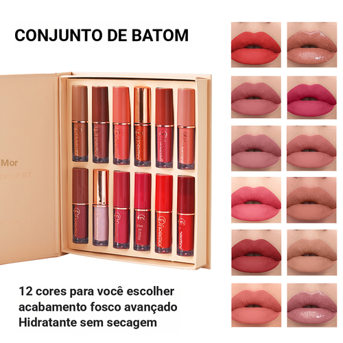 Série de 12 cores de batom e verniz de labios, estilo ocidental, mate e brilhante, não mancha e muda de cor