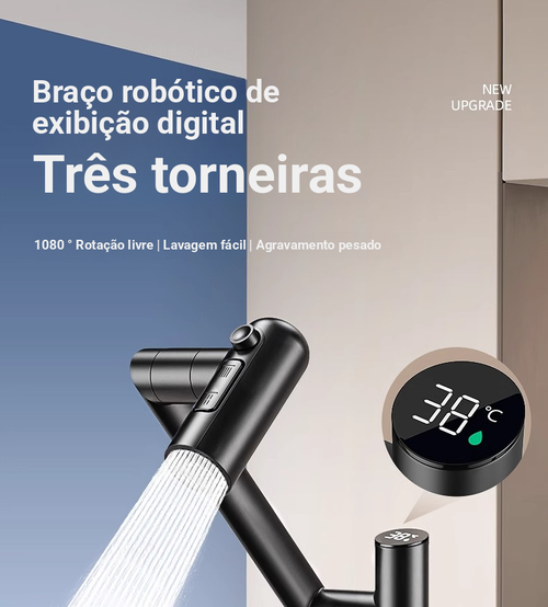 Torneira em aço inoxidável com lavatório para casa de banho, braço mecânico multifuncional, visor digital de água quente fria, articulação universal