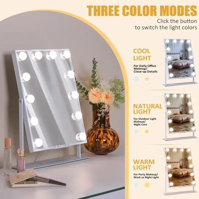 Hollywood Vanity Makeup Mirror With Lights 12 LED Bulbs Bluetooth Wireless Charge 12''×16'' 10XMagnifying Smart Control makeup Cosmetic Setting Clear Decor Reflective