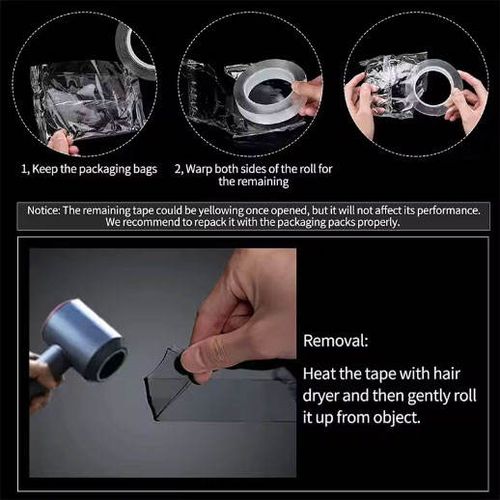 Nano Double-Sided Strong Adhesive Tape - Transparent tape suitable for walls, carpets, and floor mats. Features strong adhesion, washable, leaves no traces, and residue-free. 3 meters in length, can be freely cut to size