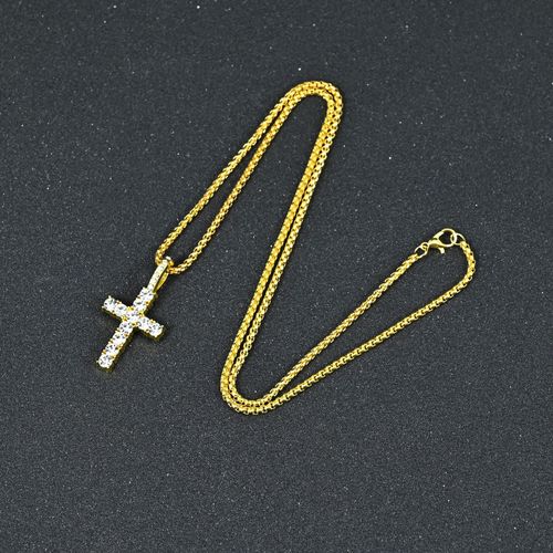 Hip-Hop Necklace – Square-Bead Chain with Cross Pendant – Diamond-Embellished Alloy – Simple, Casual, and Trendy Style for Men and Women