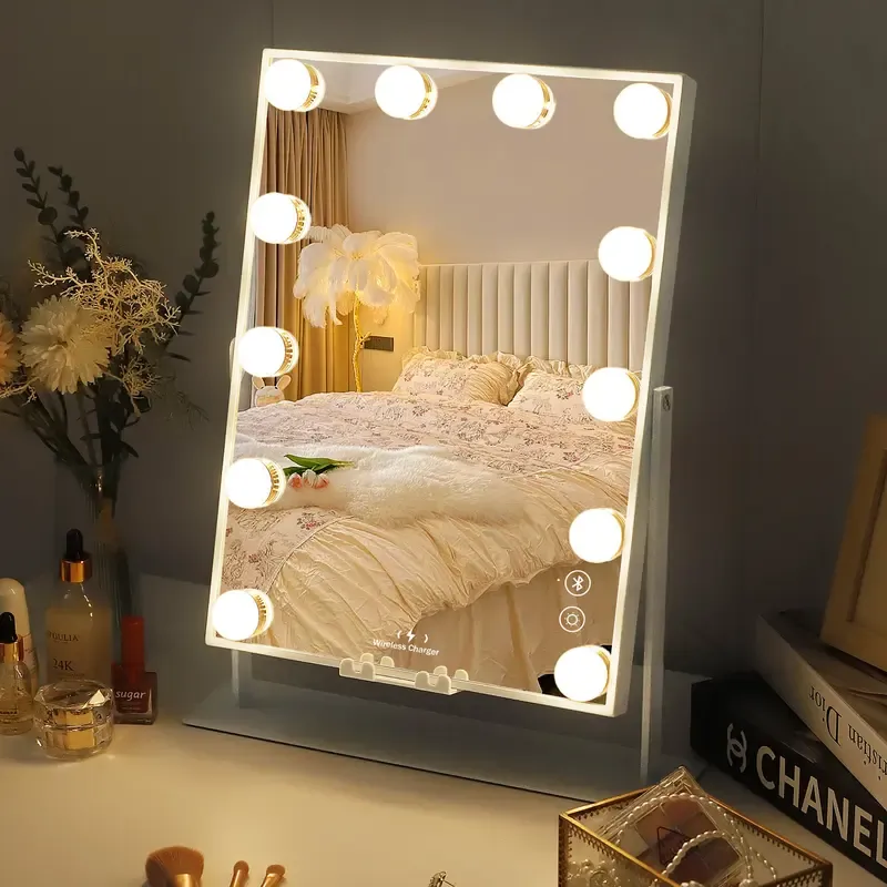 Hollywood Vanity Makeup Mirror With Lights 12 LED Bulbs Bluetooth Wireless Charge 12''×16'' 10XMagnifying Smart Control makeup Cosmetic Setting Clear Decor Reflective