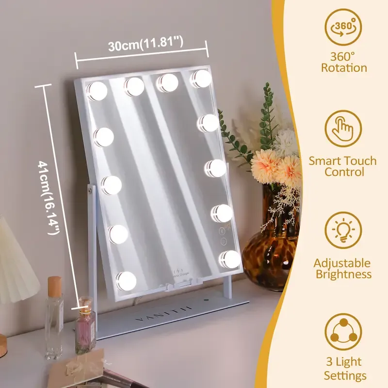 Hollywood Vanity Makeup Mirror With Lights 12 LED Bulbs Bluetooth Wireless Charge 12''×16'' 10XMagnifying Smart Control makeup Cosmetic Setting Clear Decor Reflective