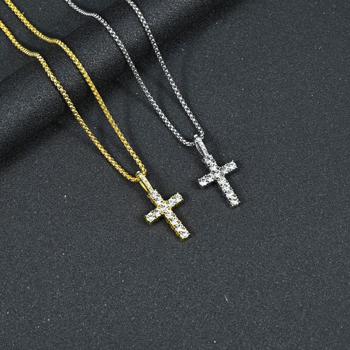 Hip-Hop Necklace – Square-Bead Chain with Cross Pendant – Diamond-Embellished Alloy – Simple, Casual, and Trendy Style for Men and Women