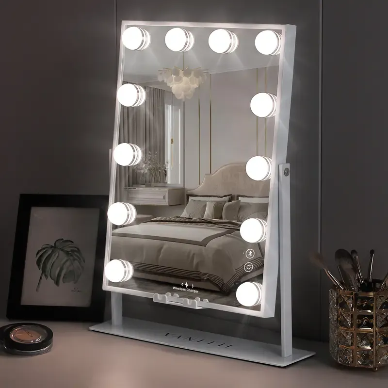 Hollywood Vanity Makeup Mirror With Lights 12 LED Bulbs Bluetooth Wireless Charge 12''×16'' 10XMagnifying Smart Control makeup Cosmetic Setting Clear Decor Reflective