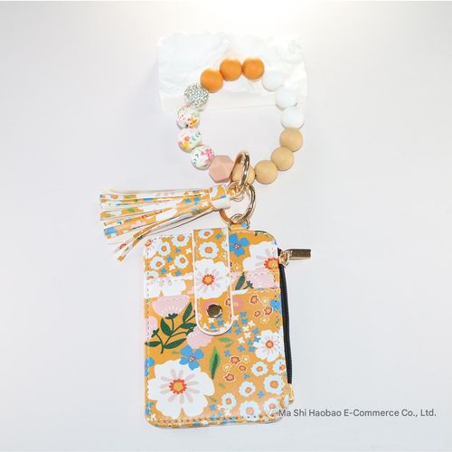 Western-Style Silicone Wristlet ID Holder — Floral-Print Fold-Over Card Case & Keychain