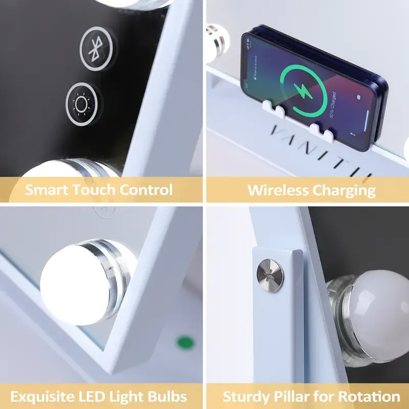 Hollywood Vanity Makeup Mirror With Lights 12 LED Bulbs Bluetooth Wireless Charge 12''×16'' 10XMagnifying Smart Control makeup Cosmetic Setting Clear Decor Reflective