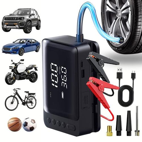 Integrated Car Tire Inflator, Emergency Jump Starter, Wireless Charger, and Smart Power Bank