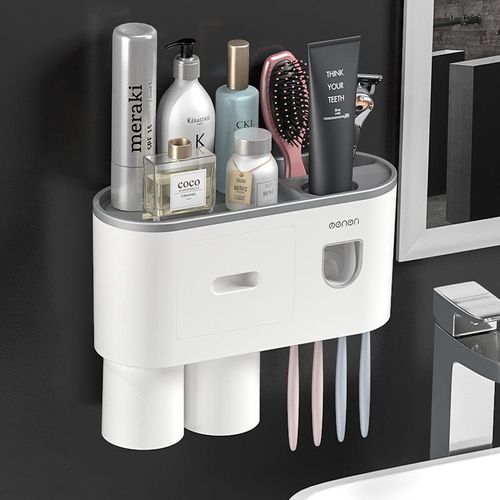 2-4 Cup Toothbrush Holders for Bathrooms - Wall Mounted with Toothpaste Dispenser - CosmeticDrawe, Large Capacity Tray & Bathroom Accessories Bottles Home Goods Organizer Organizing