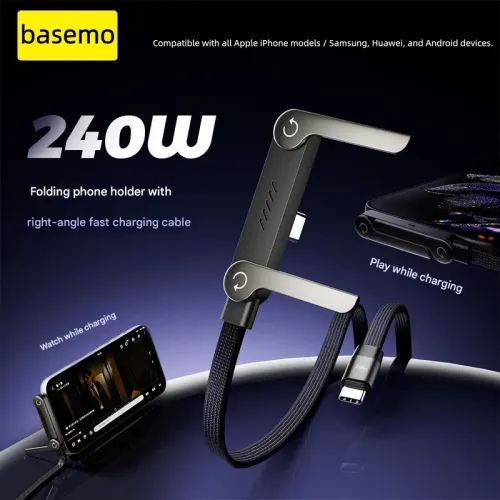 240W Braided Fast Charge Cable With Built-in Phone Stand, 2026 New 2-in-1 Invisible Holder Charger Cable Fast Charging Cord, T-Shaped Foldable 90-Degree Right Angle Charger Cord USB C Cables (1 PCS)