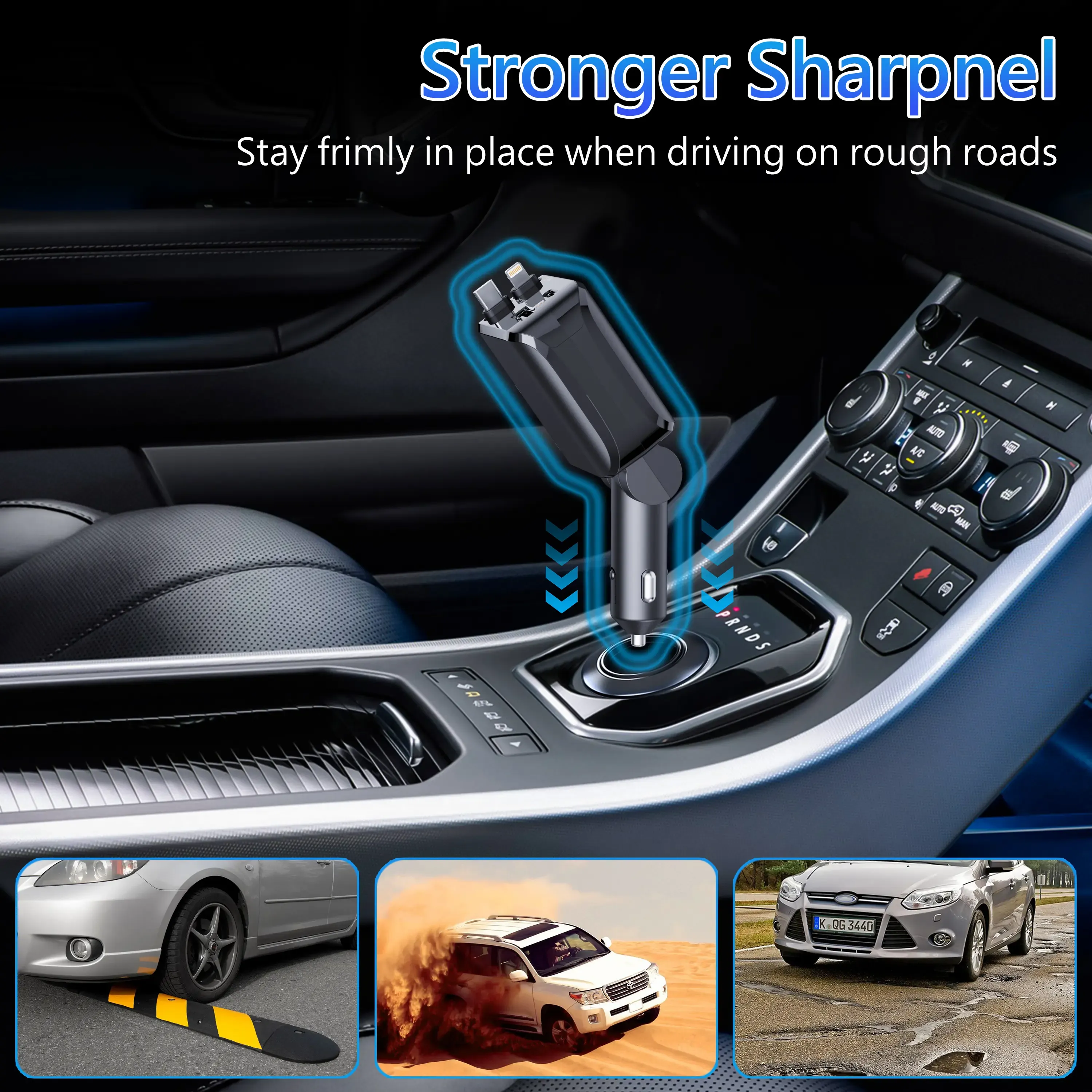 4-in-1 Retractable Car Charger, 100W USB-C Fast Adapter with Lightning Cable & Dual Ports for iPhone, iPad, AirPods, Samsung, Google Pixel