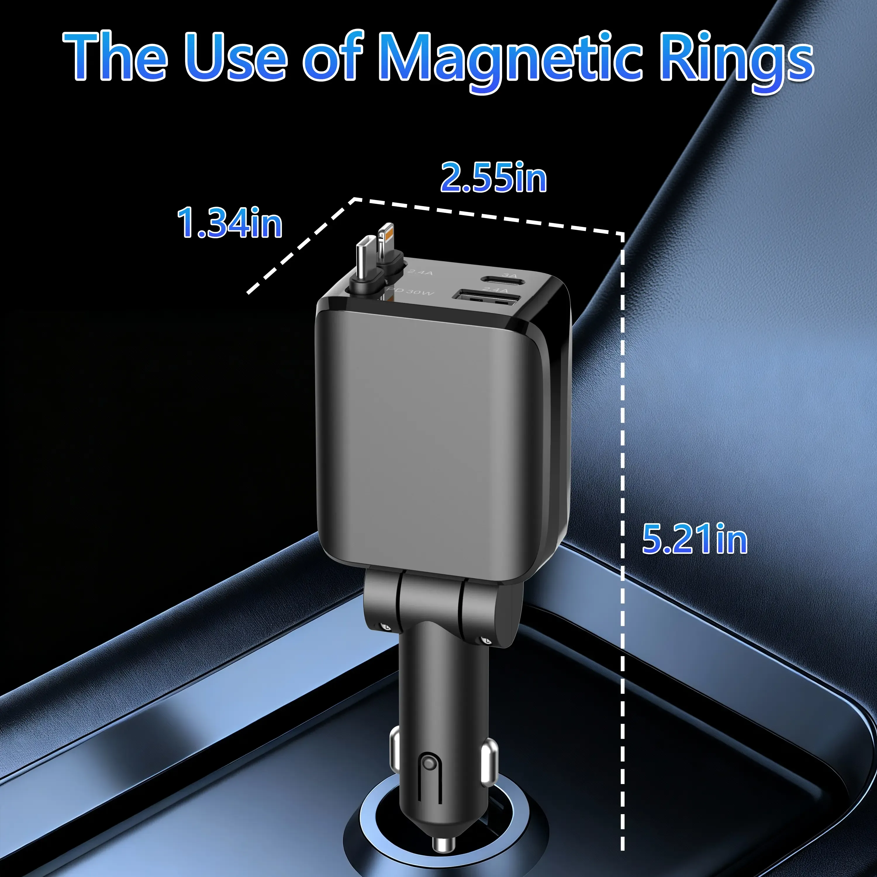 4-in-1 Retractable Car Charger, 100W USB-C Fast Adapter with Lightning Cable & Dual Ports for iPhone, iPad, AirPods, Samsung, Google Pixel