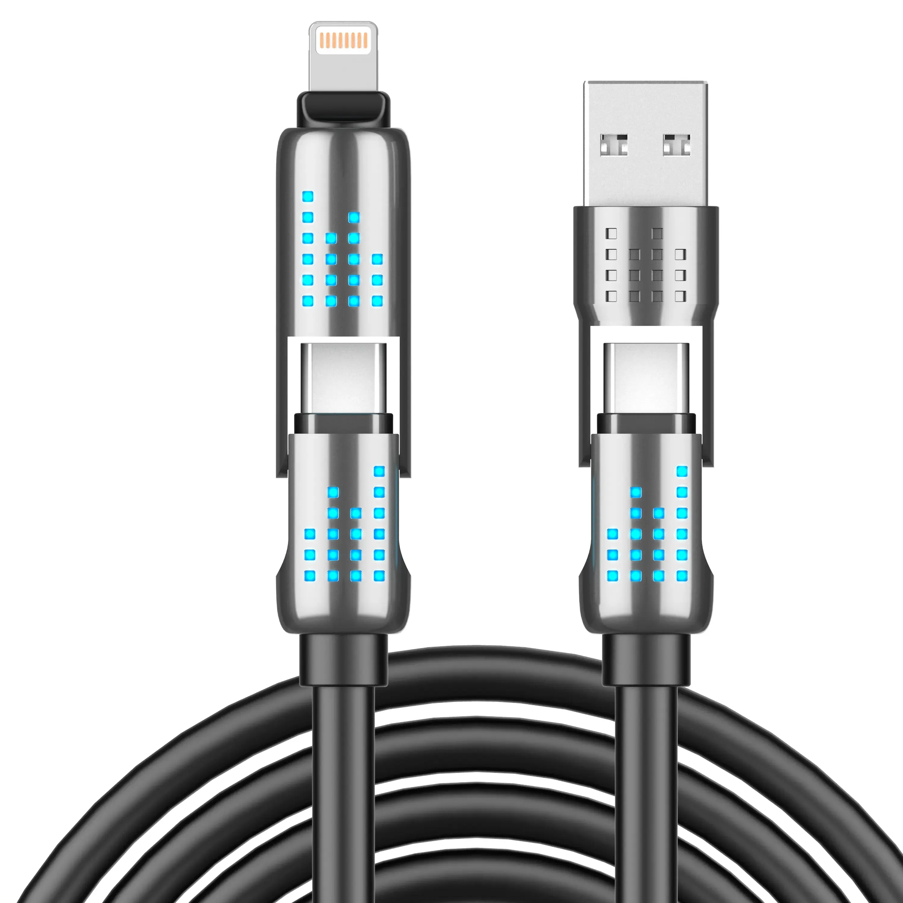 240W 4-in-1 USB-C Cable, PD 5A Fast Charging, Data Sync, USB-A, Type-C, Lightning, Aluminum, Compatible with iPhone 1615, iPad, Samsung, Laptops