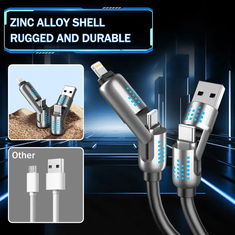 240W 4-in-1 USB-C Cable, PD 5A Fast Charging, Data Sync, USB-A, Type-C, Lightning, Aluminum, Compatible with iPhone 1615, iPad, Samsung, Laptops