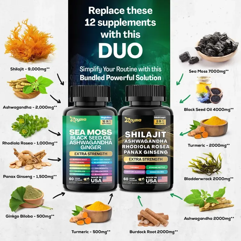 Dynamic Vitality Bundle - Zoyava Sea Moss & Shilajit Supplements - All-in-One Multivitamin Combo with Extra Strength Ingredients