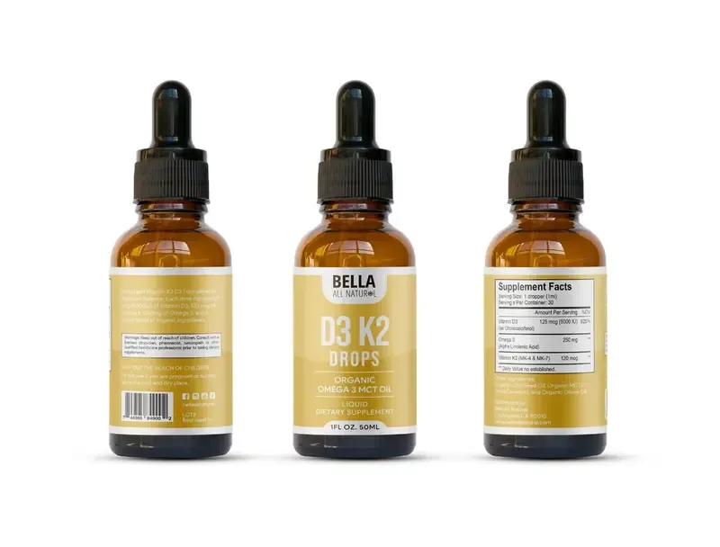 Three Pack Bella All Natural D3 K2 Drops Organic Omega 3 MCT Oil 50ml Supplement for Daily Health Needs