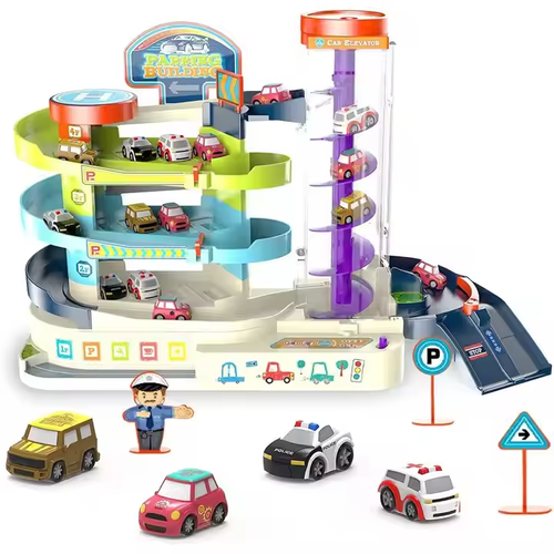 Parking Lot Set Truck Metal Parking Lot Toy for Kids Die Cast Garage Collection Toy Portable Wheel Track Play Set