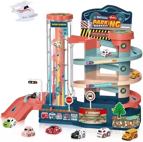 Parking Lot Set Truck Metal Parking Lot Toy for Kids Die Cast Garage Collection Toy Portable Wheel Track Play Set