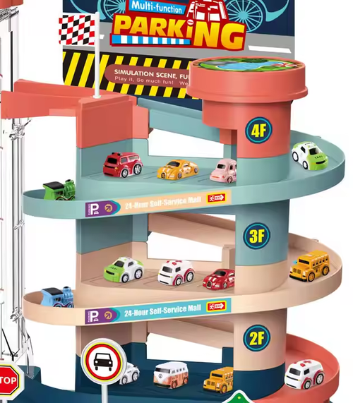 Parking Lot Set Truck Metal Parking Lot Toy for Kids Die Cast Garage Collection Toy Portable Wheel Track Play Set