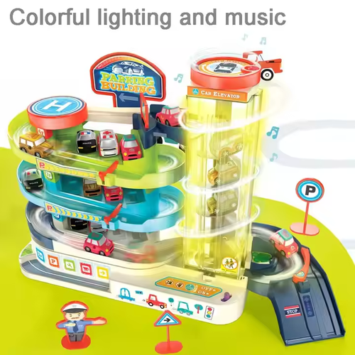 Parking Lot Set Truck Metal Parking Lot Toy for Kids Die Cast Garage Collection Toy Portable Wheel Track Play Set