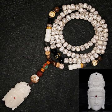 Buddha Treasures 108 Mala Beads Bodhi Seed Yak Bone Avalokitesvara Lucky Pixiu Guan Gong Buddha Demon Peace Tassel Bracelet