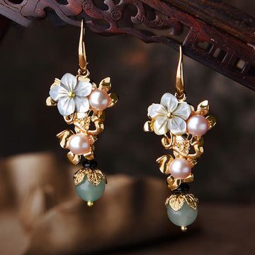 Buddha Treasures 14K Gold Plated Tridacna Stone Flower Pearl Green Aventurine Bead Drop Earrings