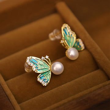 Buddha Treasures 925 Sterling Silver Posts 18K Gold Plated Copper Natural Pearl Butterfly Healing Stud Earrings
