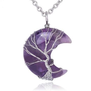 Buddha Treasures Natural Quartz Crystal Moon Tree Of Life Healing Energy Necklace Pendant