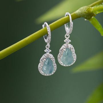 Buddha Treasures 925 Sterling Silver Green Jade Gourd Abundance Drop Earrings