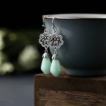 Buddha Treasures Magnolia Flower Jade Water Drop Prosperity Dangle Earrings