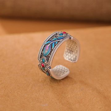 Buddha Treasures 999 Sterling Silver Enamel Feather Design Adjustable Calm Ring