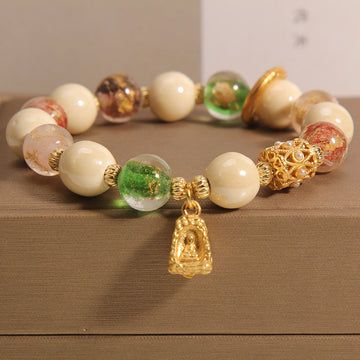 Buddha Treasures Tibetan Multicolored Liuli Glass Bead Buddha Lotus Charm Enlightenment Bracelet