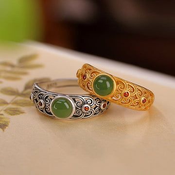 Buddha Treasures 925 Sterling Silver Hetian Cyan Jade Harmony Adjustable Ring