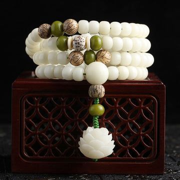 Buddha Treasures White Jade Bodhi Lotus Mala Harmony Necklace Bracelet