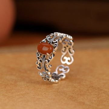 Buddha Treasures 925 Sterling Silver Vintage Red Agate Self-acceptance Calm Ring
