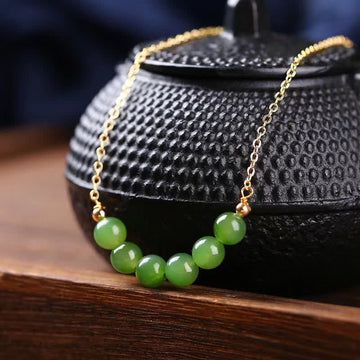 Buddha Treasures 14k Gold Plated Hetian Cyan Jade Beaded Luck Necklace Pendant